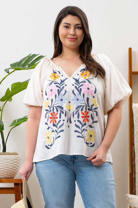 Embroidered Split Neck Top