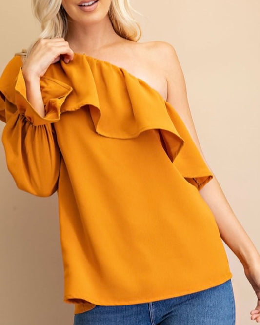 One Shoulder Ruffle Blouse