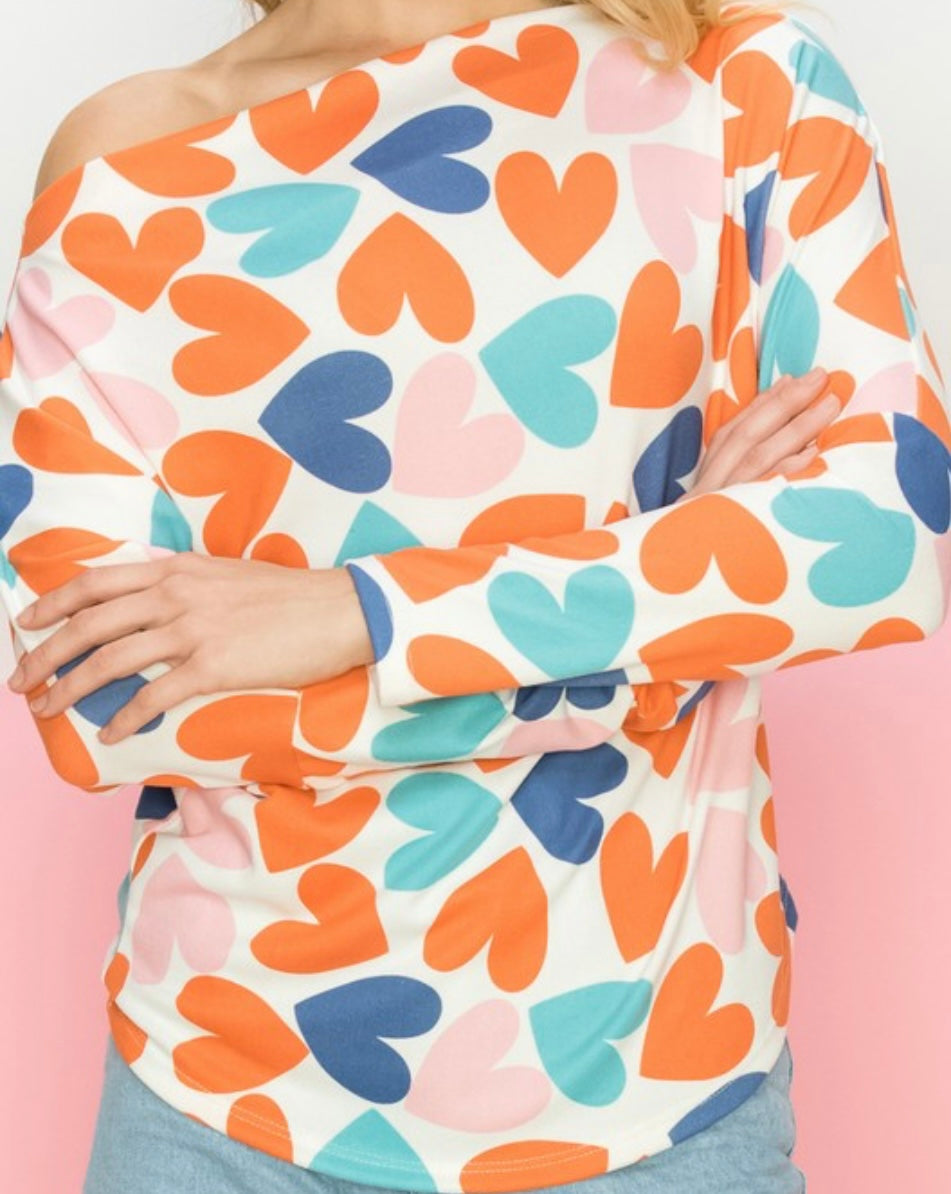 Heart Printed Boat Neck Top