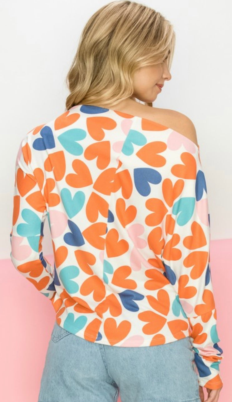 Heart Printed Boat Neck Top