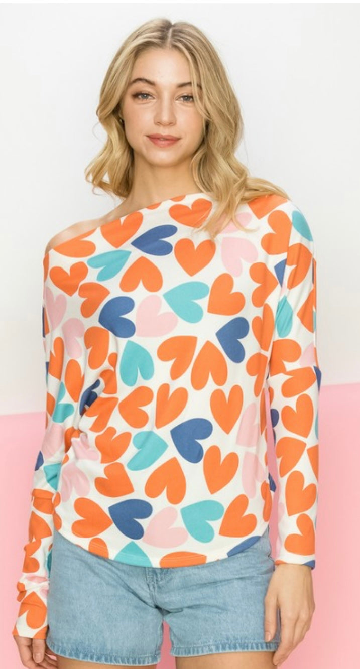 Heart Printed Boat Neck Top