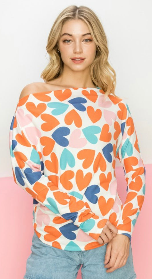 Heart Printed Boat Neck Top