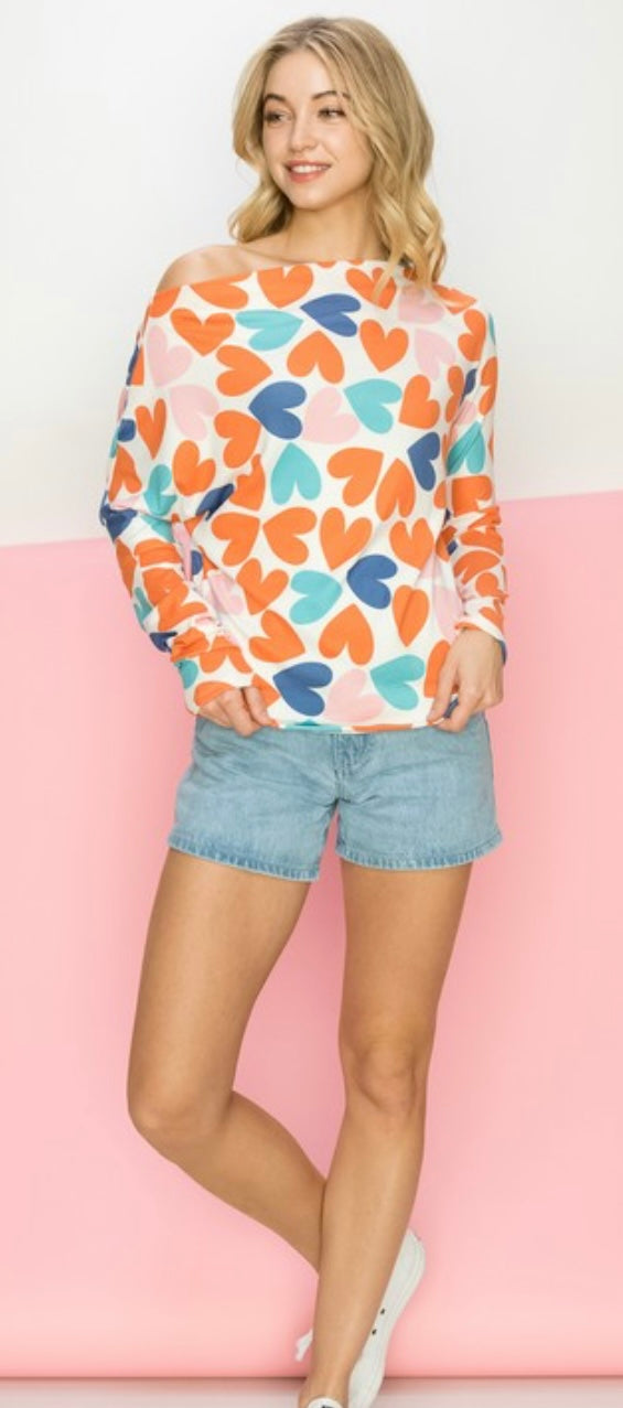 Heart Printed Boat Neck Top